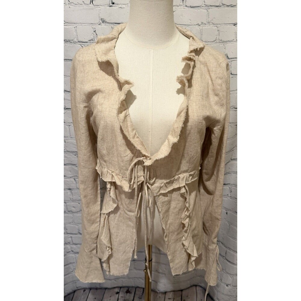 NWT Divided beige linen-blend tie-front blouse with raw-edge ruffle trim Small